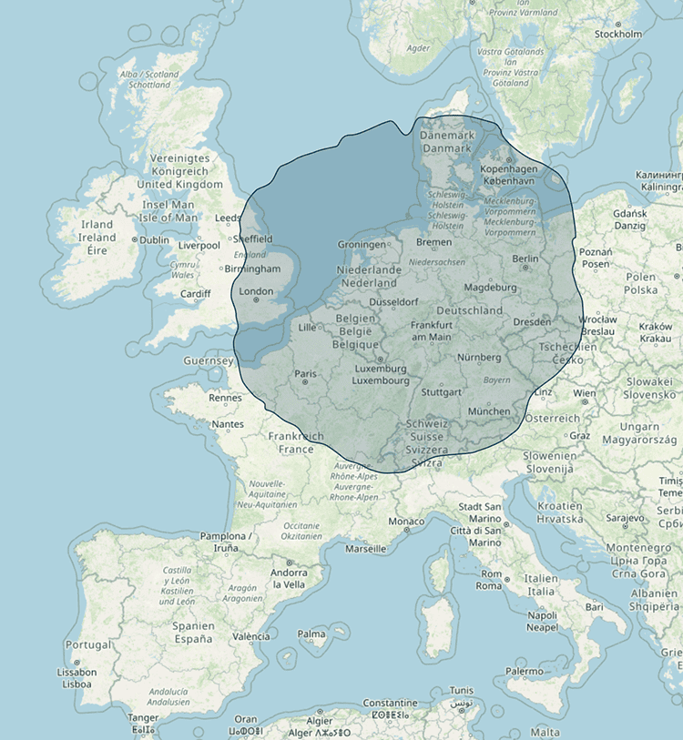 Karte mit 500 km-Umkreis um die Landesgrenze NRWs.